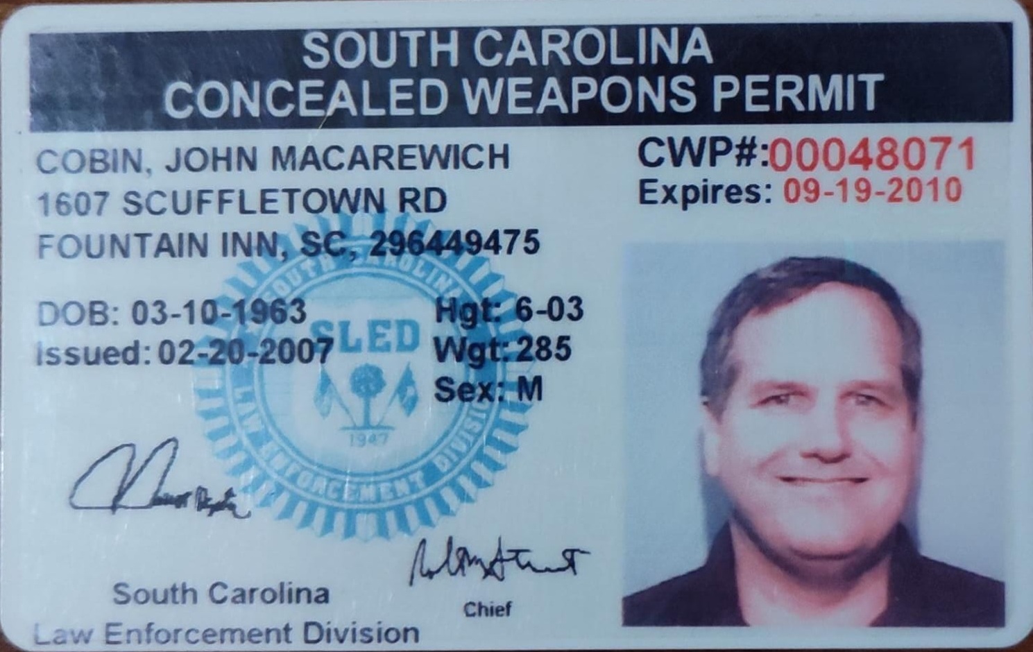 Permiso de Armas Ocultas Carolina del Sur 2010 (Frente)